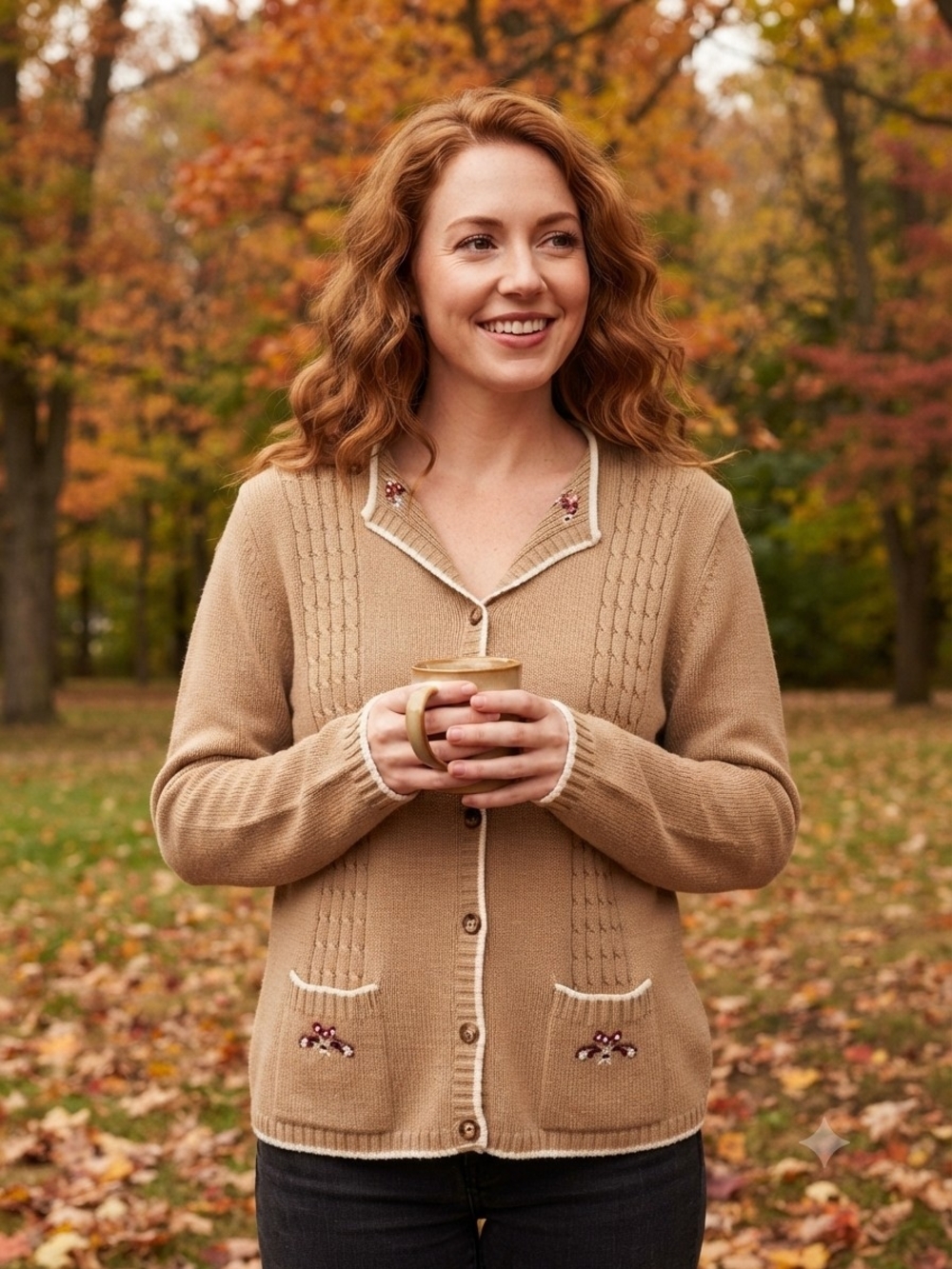 Vintage Liz Claiborn Lizwear Tan Cable Knit Cardigan Sweater L Floral Embroidery